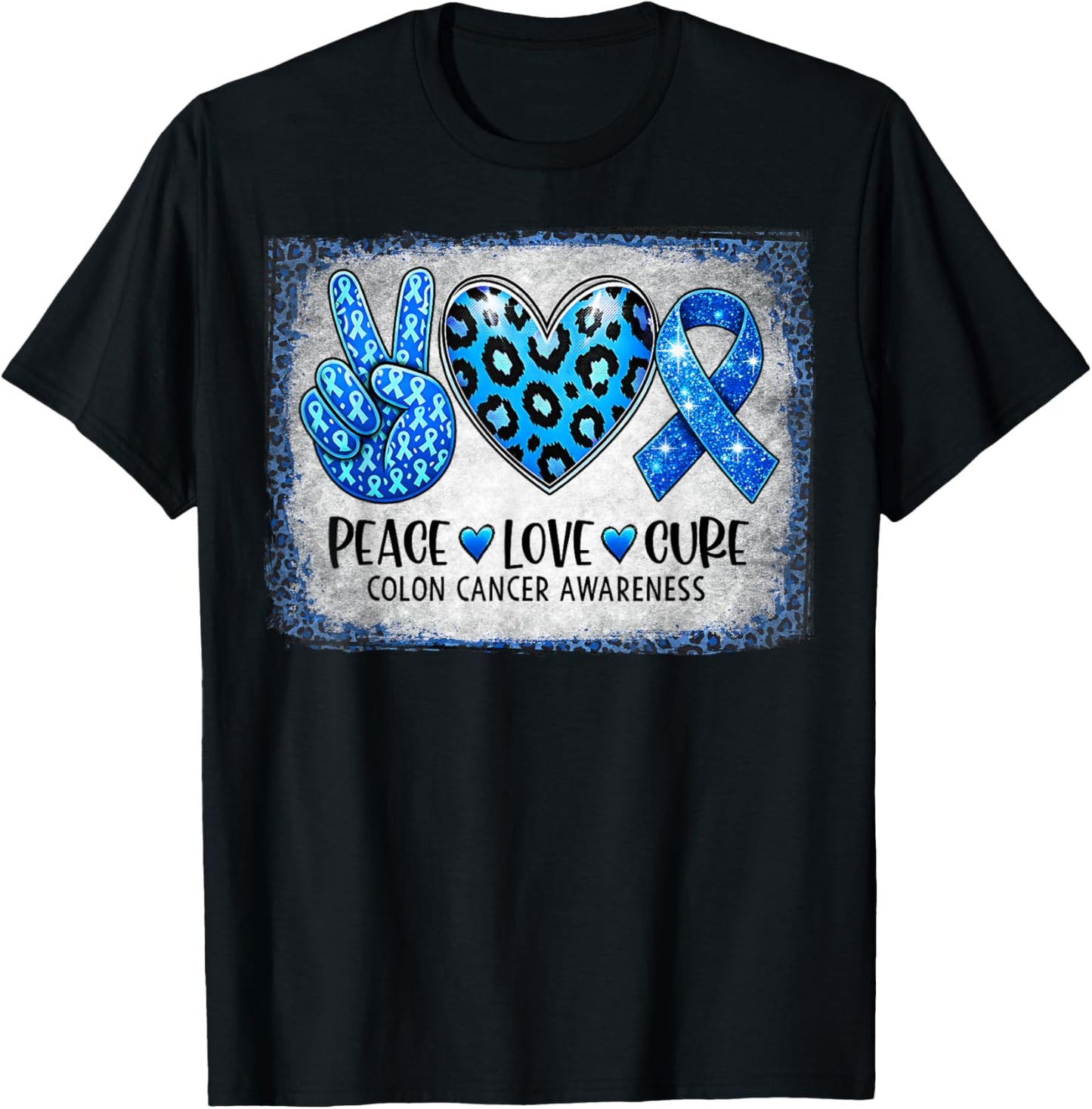 Peace Love Cure Blue Ribbon Leopard Colon Cancer Awareness T-Shirt - T-Shirt | Black