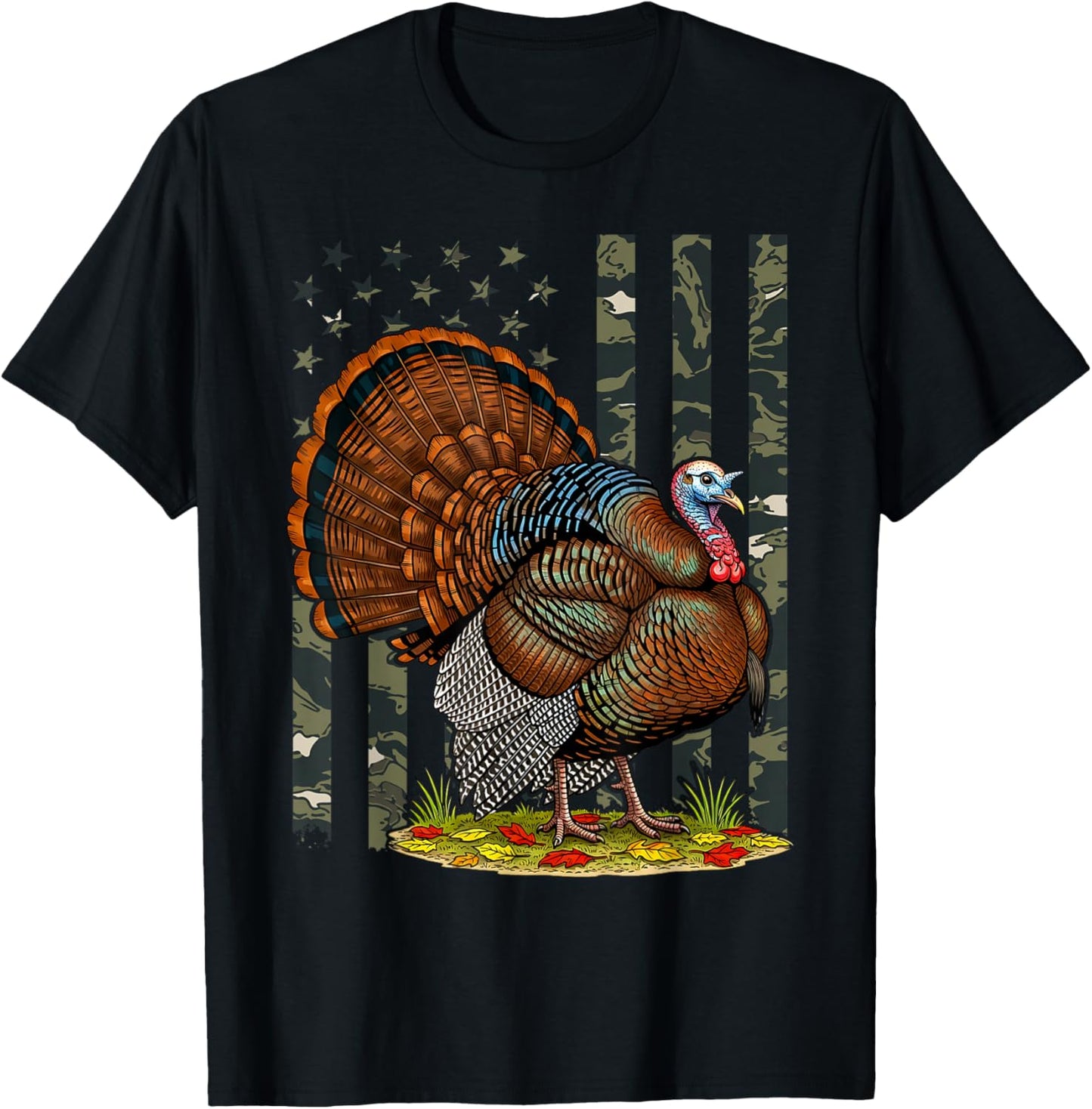Turkey Hunting Graphic American Flag Tree Camouflage T-Shirt - T-Shirt | Black