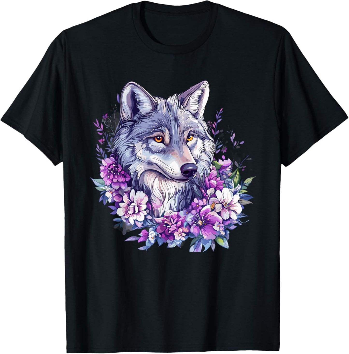 Wild Wolf with Purple Flowers Mystic Bloom T-Shirt - T-Shirt | Black
