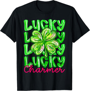 Kids St Patricks Day Lucky Charmer Preppy Shamrock Boys Girl T-Shirt - T-Shirt | Black