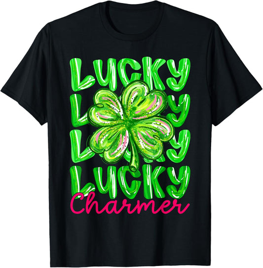 Kids St Patricks Day Lucky Charmer Preppy Shamrock Boys Girl T-Shirt - T-Shirt | Black