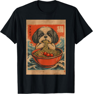 Shih Tzu Eating Ramen Noodle Japanese Kawaii Anime Japan T-Shirt - T-Shirt | Black