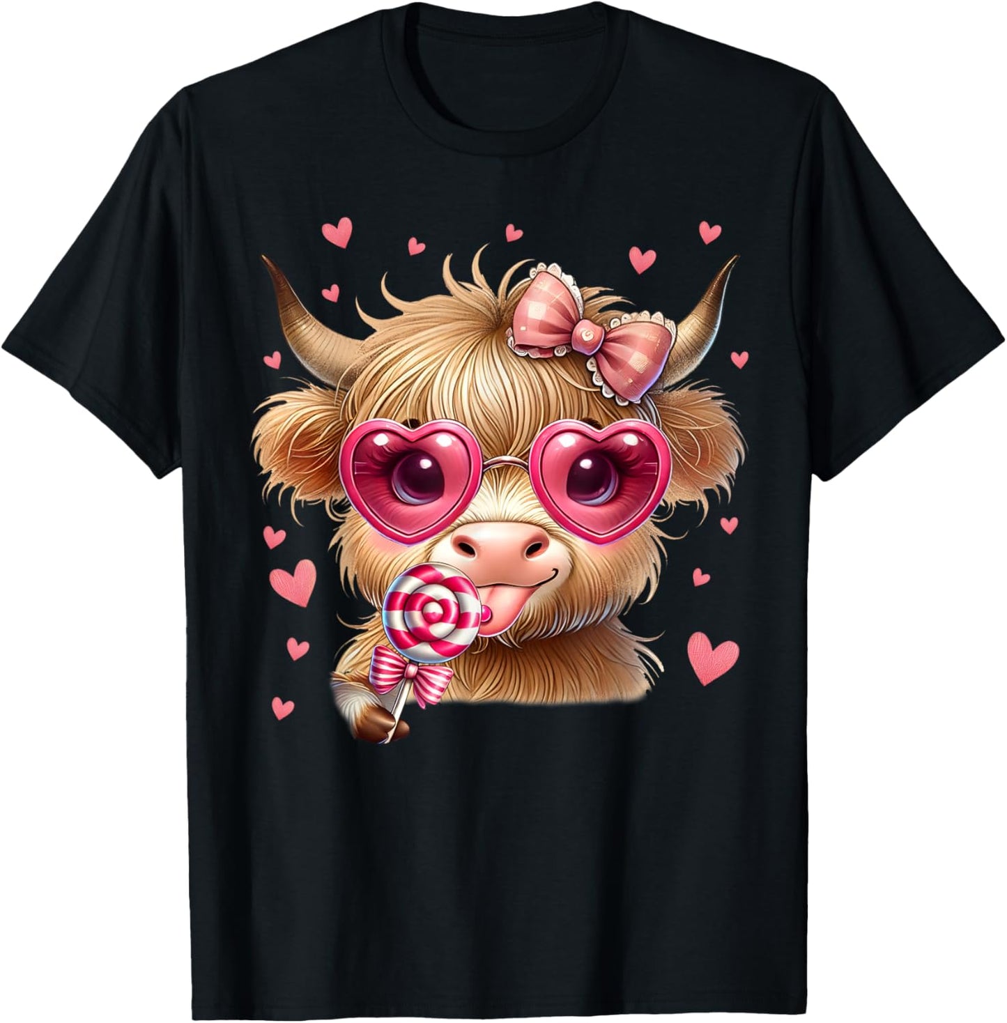 Sweetheart Highland Cow Coquette Heart Sunglasses Lollipop T-Shirt - T-Shirt | Black
