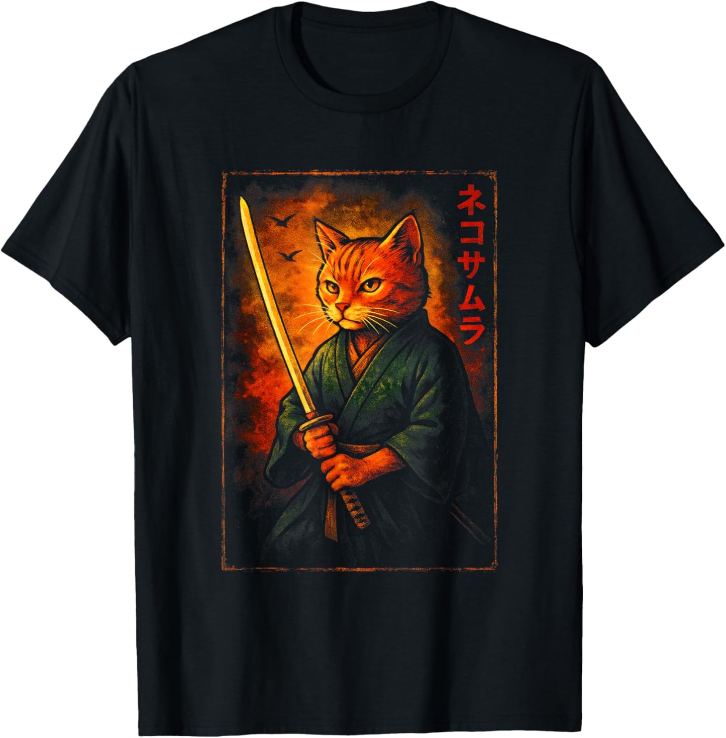Samurai Cat Warrior Art T-Shirt - T-Shirt | Black
