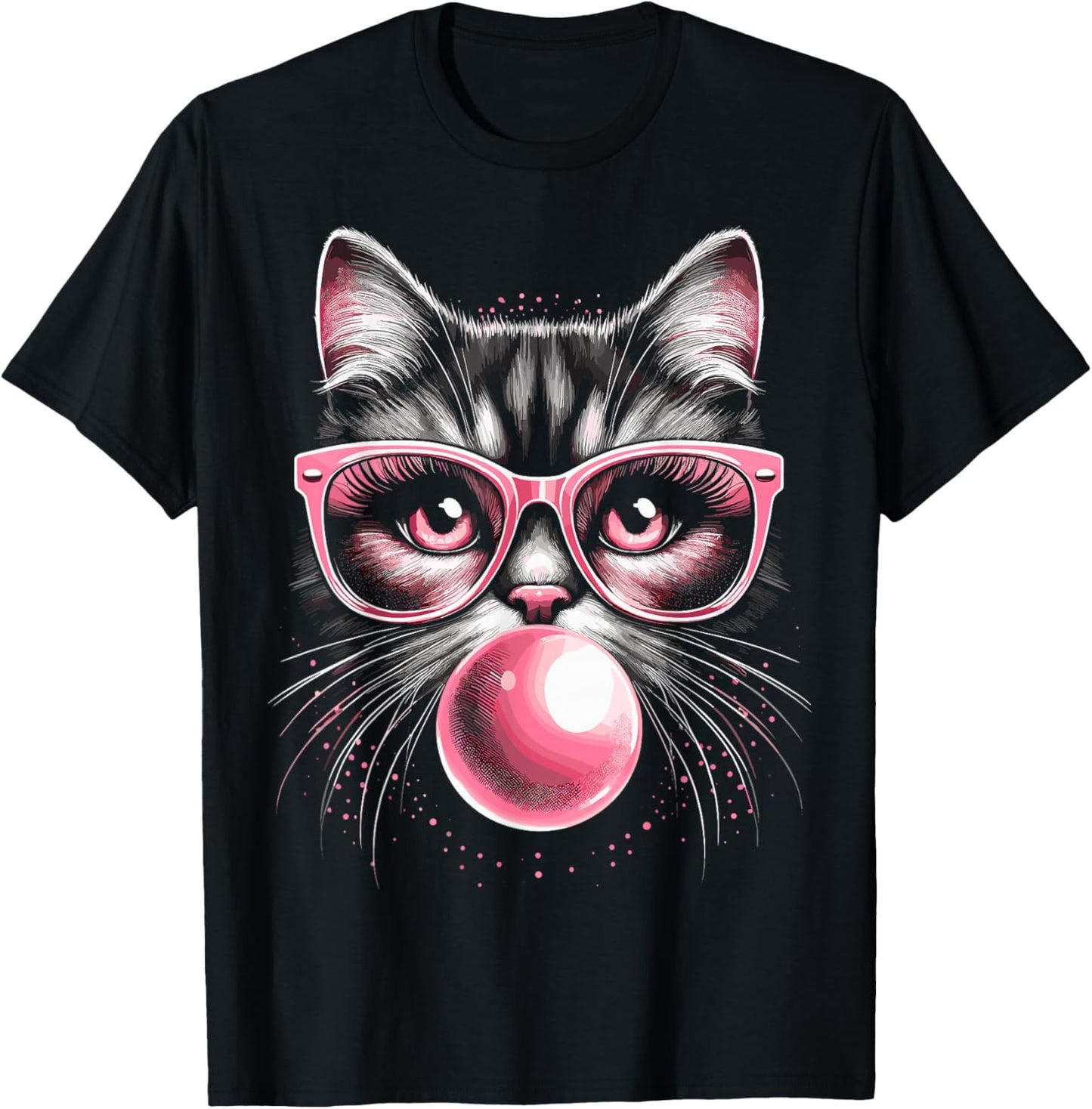 Cute Cat with Glasses and Bubblegum T-Shirt - T-Shirt | Black