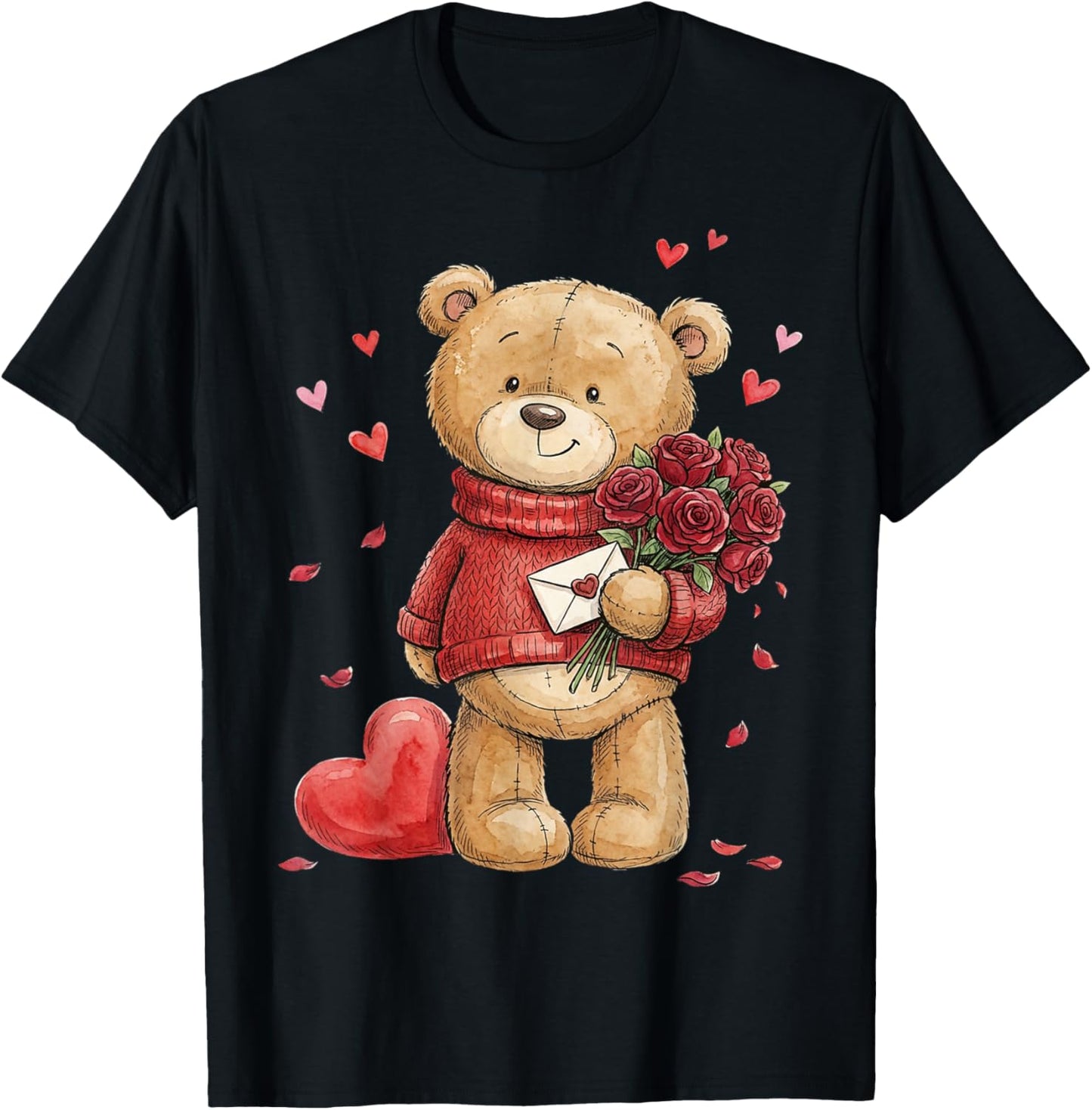 Teddy Bear Roses Men Women Valentines Day Shirt Girl Heart T-Shirt - T-Shirt | Black