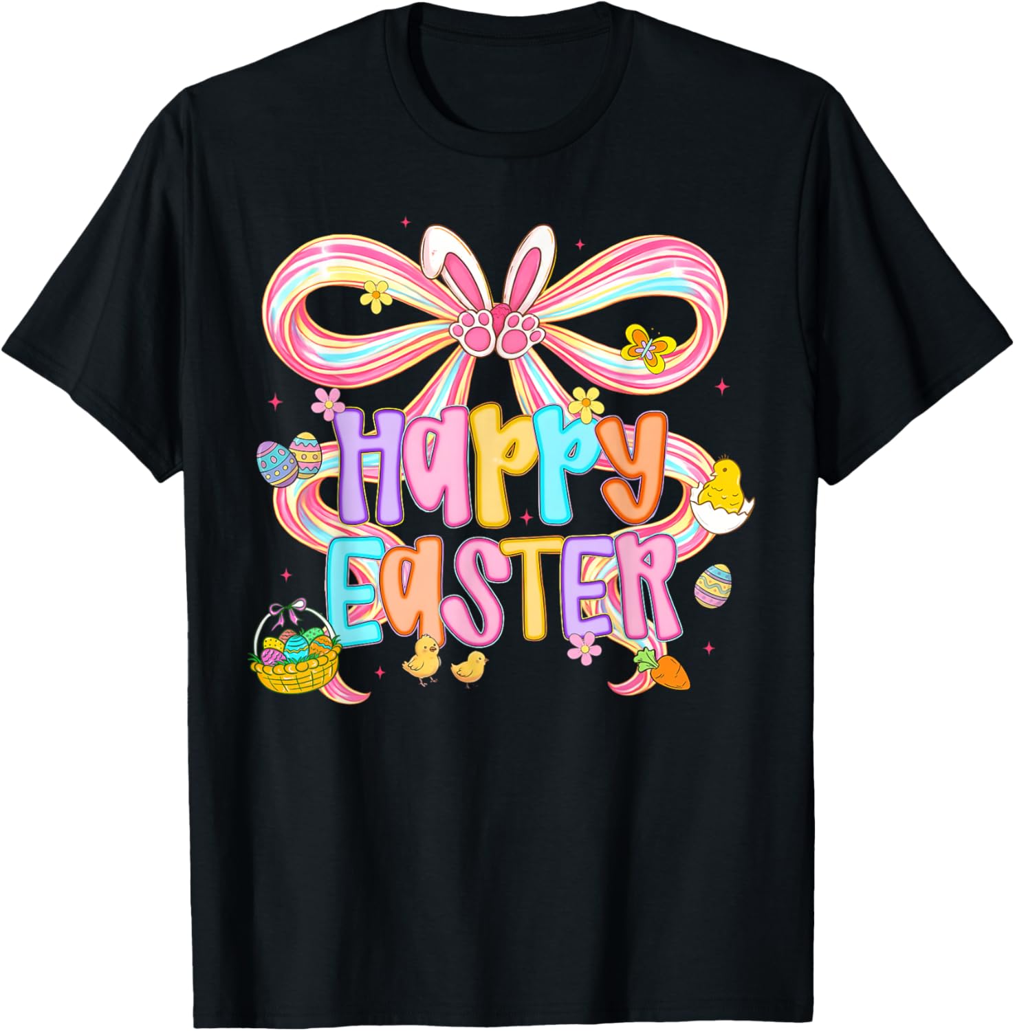 Happy Easter Coquette Bow Cute Bunny Eggs Spring Women Girls T-Shirt - T-Shirt | Black