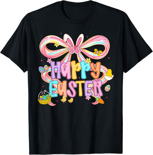Happy Easter Coquette Bow Cute Bunny Eggs Spring Women Girls T-Shirt - T-Shirt | Black