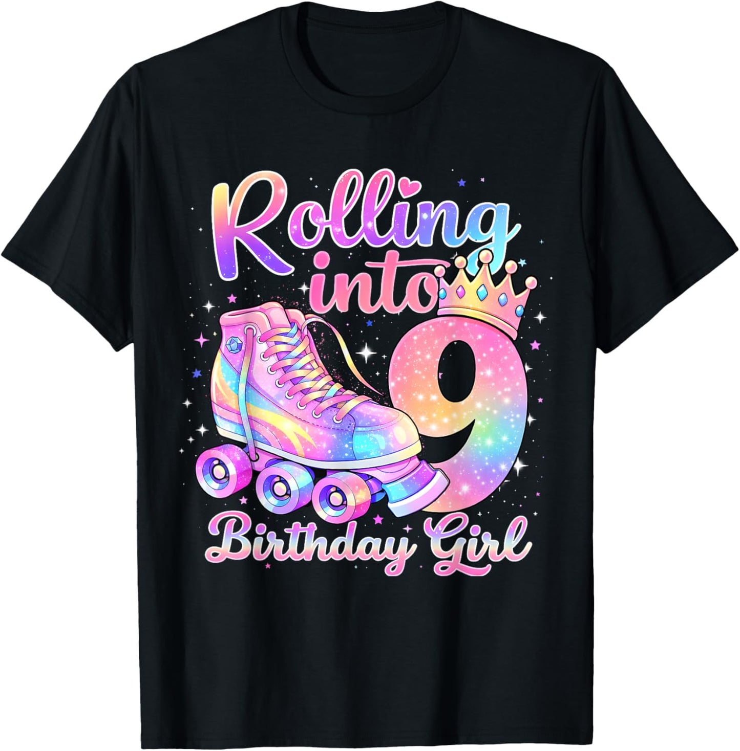 Rolling Into 9 Years Old Roller Skating Girl 9th Birthday T-Shirt - T-Shirt | Black