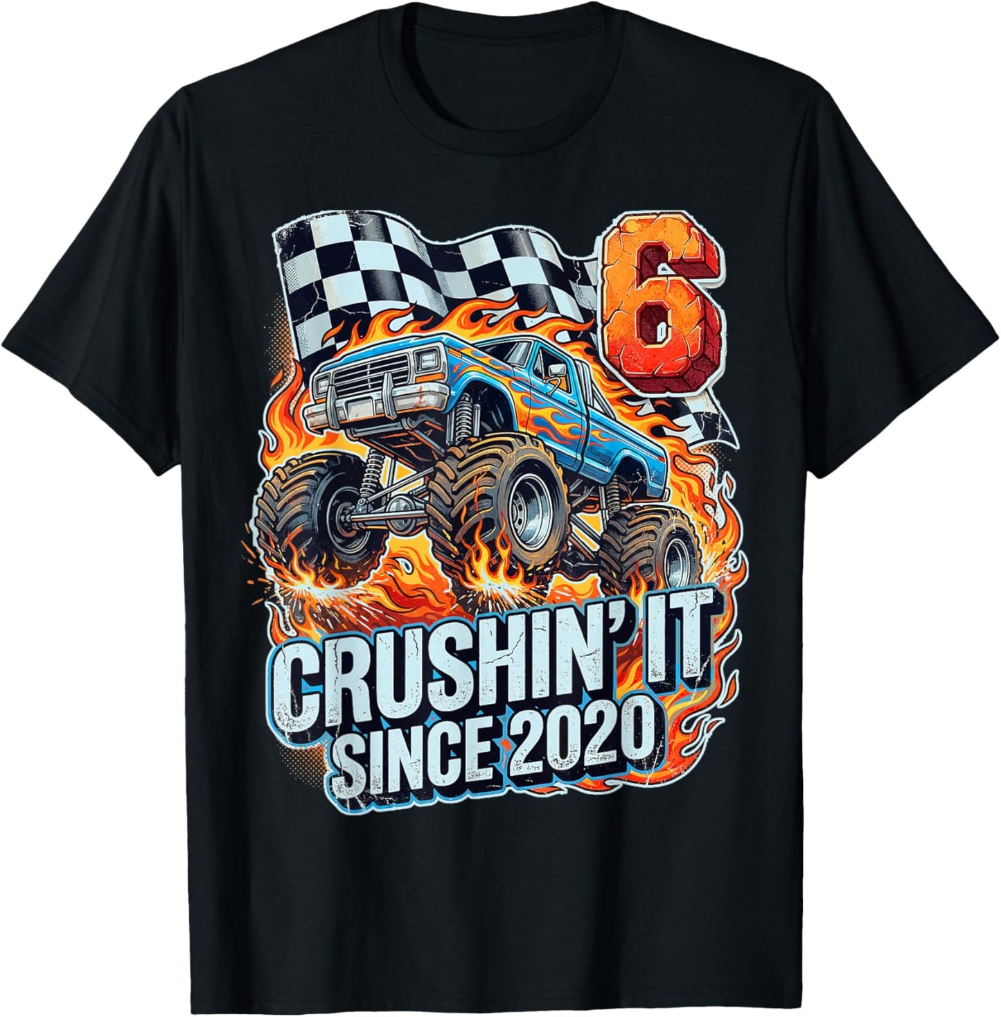 Birthday Monster Truck 6 Year Old Boys 6th Party Born 2020 T-Shirt - T-Shirt | Black
