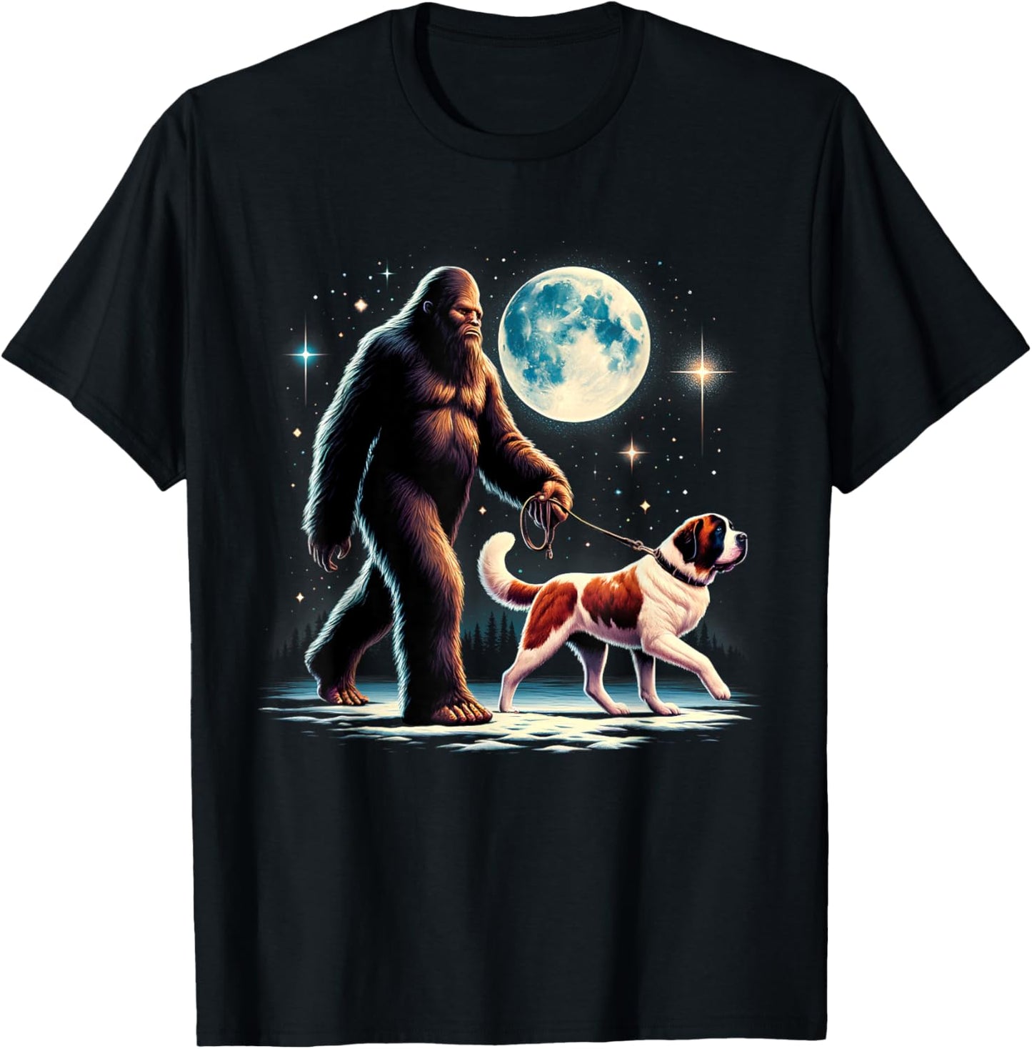 Bigfoot Sasquatch Saint Bernard Walking Dog Lover Moon T-Shirt - T-Shirt | Black