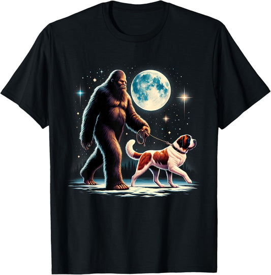 Bigfoot Sasquatch Saint Bernard Walking Dog Lover Moon T-Shirt - T-Shirt | Black