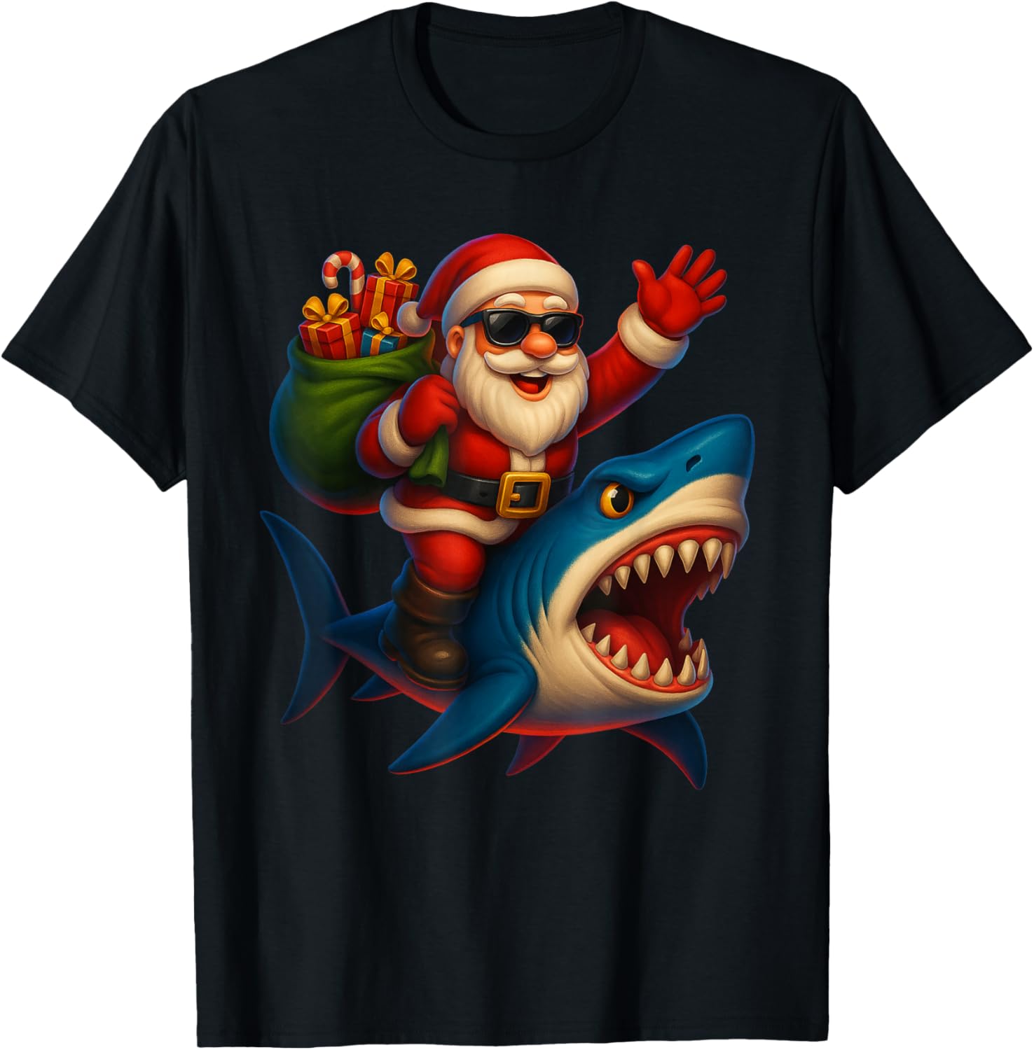 Funny Shark Santa Christmas Lights Xmas Squad Boys Kids T-Shirt - T-Shirt | Black