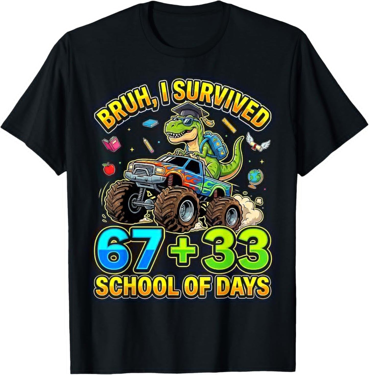 I Survived 67 33 Days of School Dinosaur Youth Kids Boy Girl T-Shirt - T-Shirt | Black