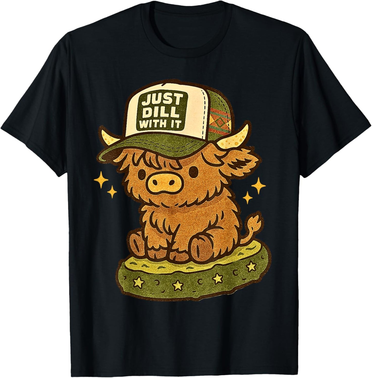 Just Dill with It Cute Highland Cow Pickle Pun T-Shirt - T-Shirt | Black
