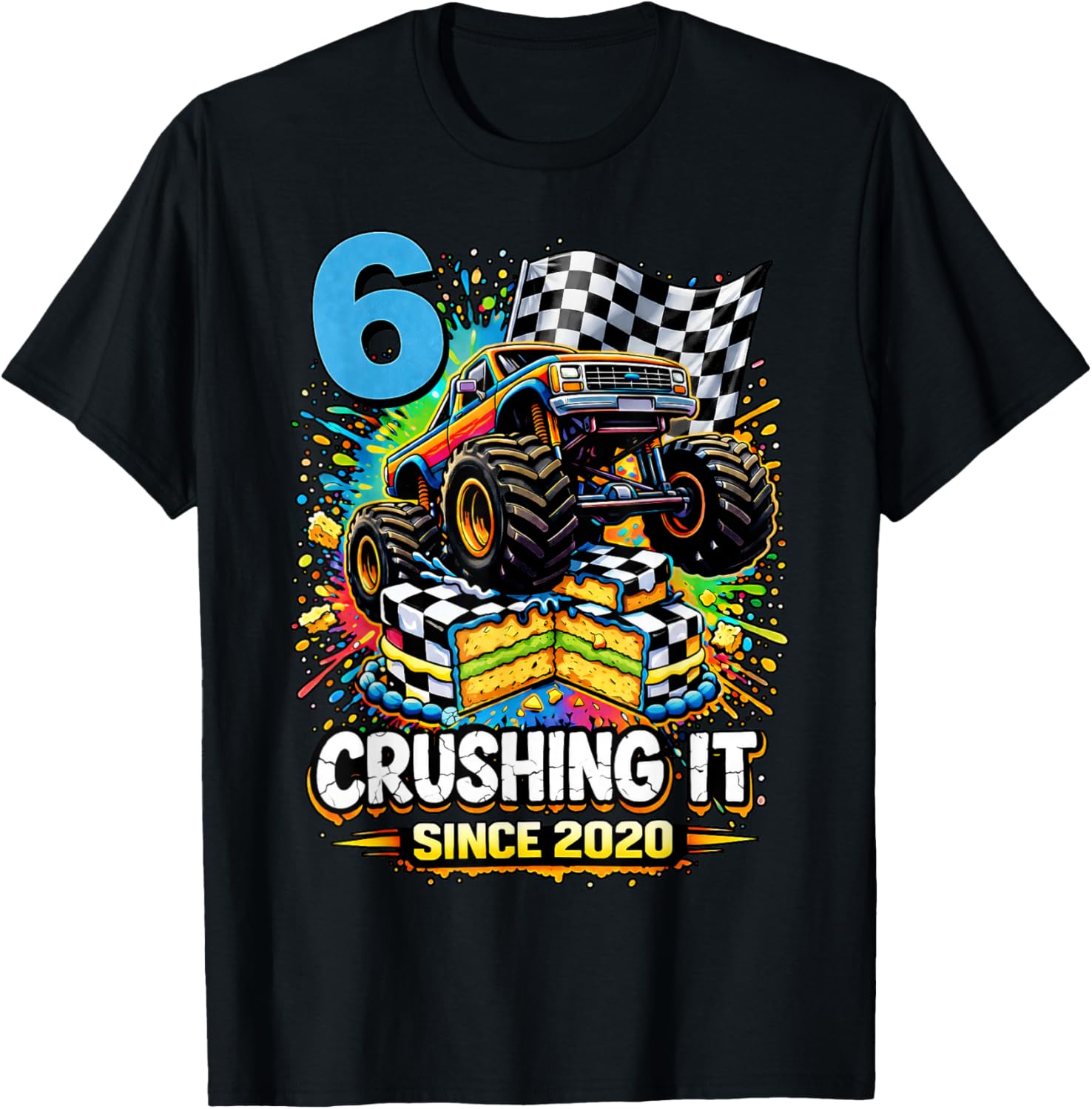 Birthday Monster Truck 6 Year Old Boys 6th Party Born 2020 T-Shirt - T-Shirt | Black