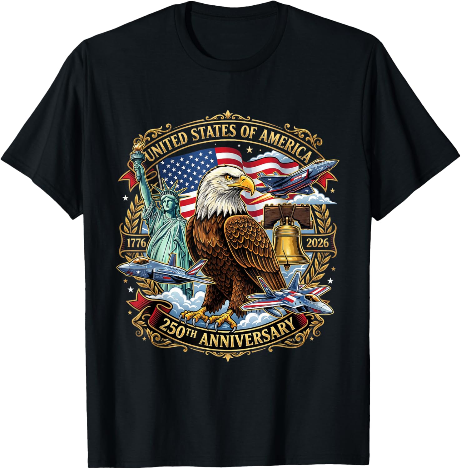 USA Independence 250th Anniversary 1776 2026 Patriotic Eagle T-Shirt - T-Shirt | Black
