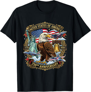 USA Independence 250th Anniversary 1776 2026 Patriotic Eagle T-Shirt - T-Shirt | Black