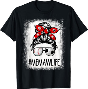 Bleached Memaw Life Soccer Messy Bun Baseball Game Day T-Shirt - T-Shirt | Black