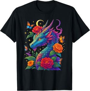 Watercolor Dragon Flowers Beautiful Art Colorful Graphic T-Shirt - T-Shirt | Black
