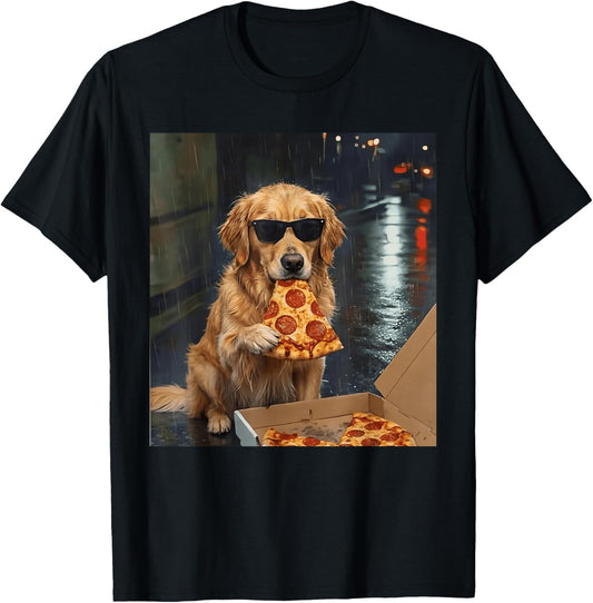 Funny Golden Retriever Dog Eating Pizza Meme Cool Dog T-Shirt - T-Shirt | Black