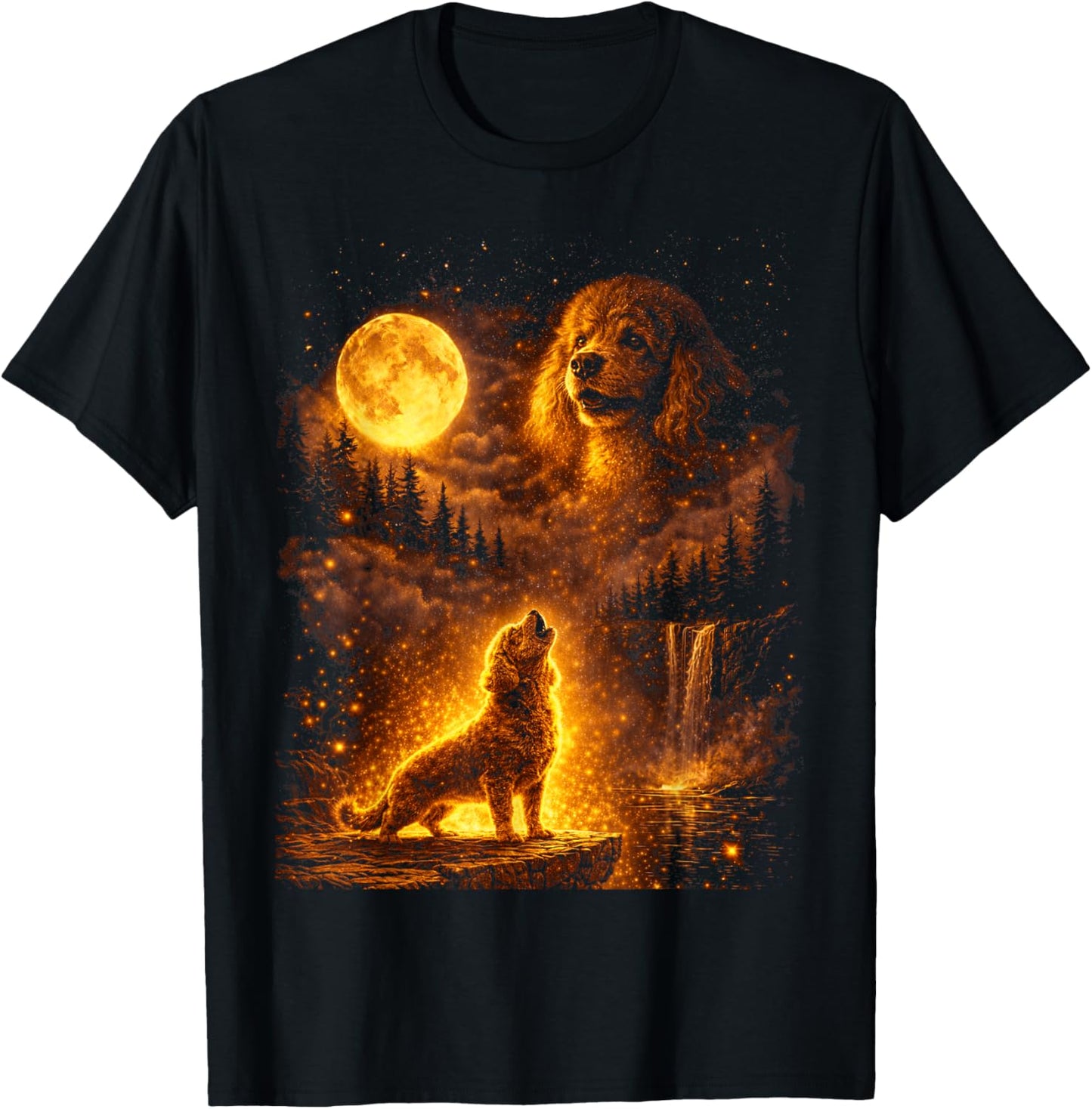 Vintage Moonlight Dog Funny Poodle Howling at The Moon T-Shirt - T-Shirt | Black