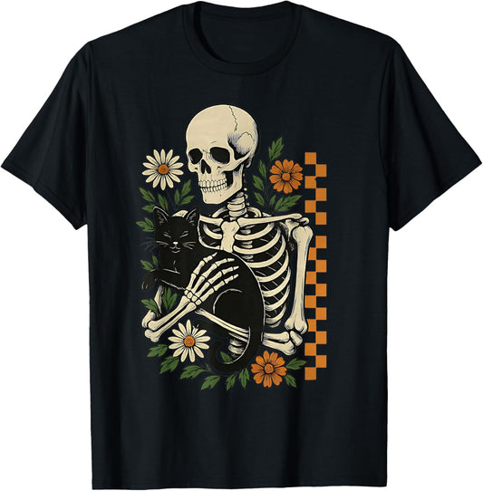 Funny Floral Skeleton Hugging Cat Halloween Cat Mom Cat Dad T-Shirt - T-Shirt | Black