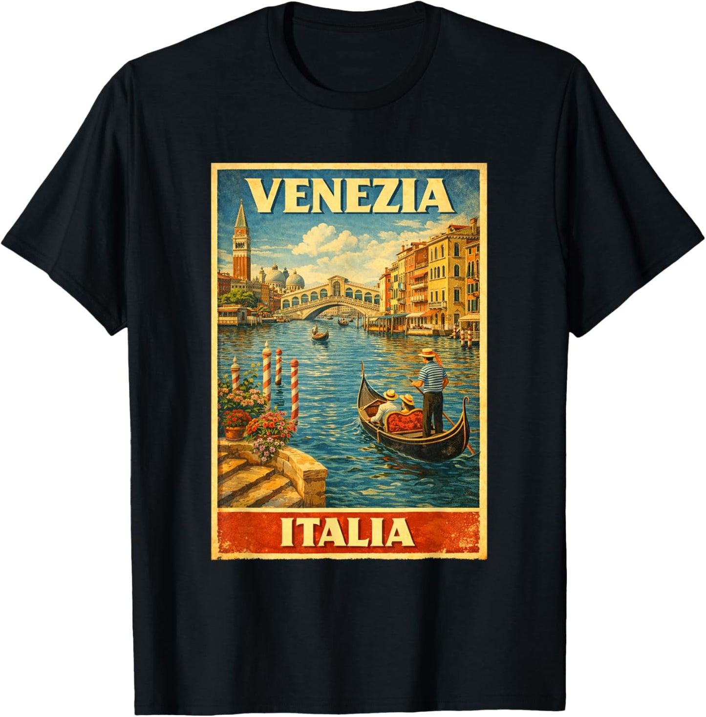 Venezia Italia Vintage Travel Venice Canal Gondola Art T-Shirt - T-Shirt | Black