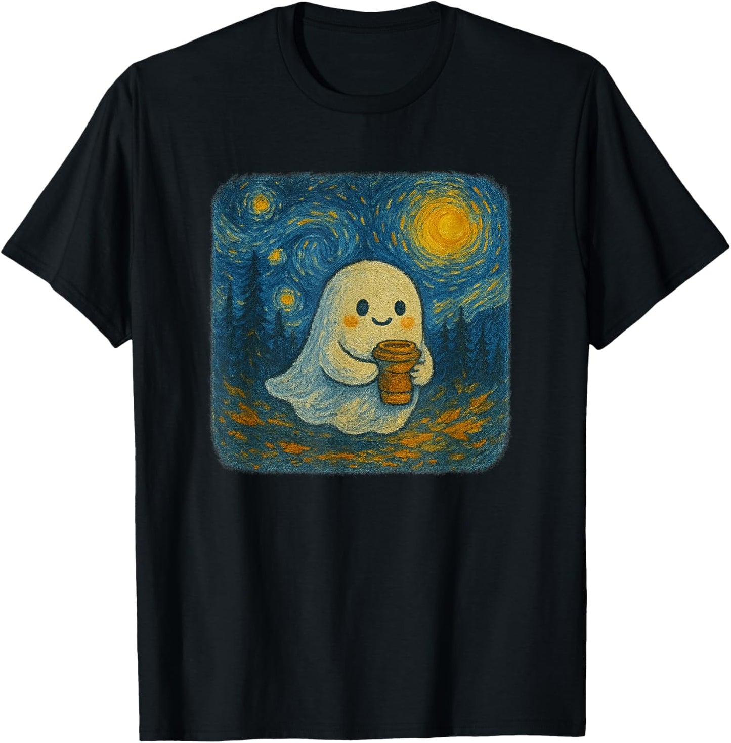 Funny Ghost Pumpkin Spice Latte Starry Night Halloween T-Shirt - T-Shirt | Black