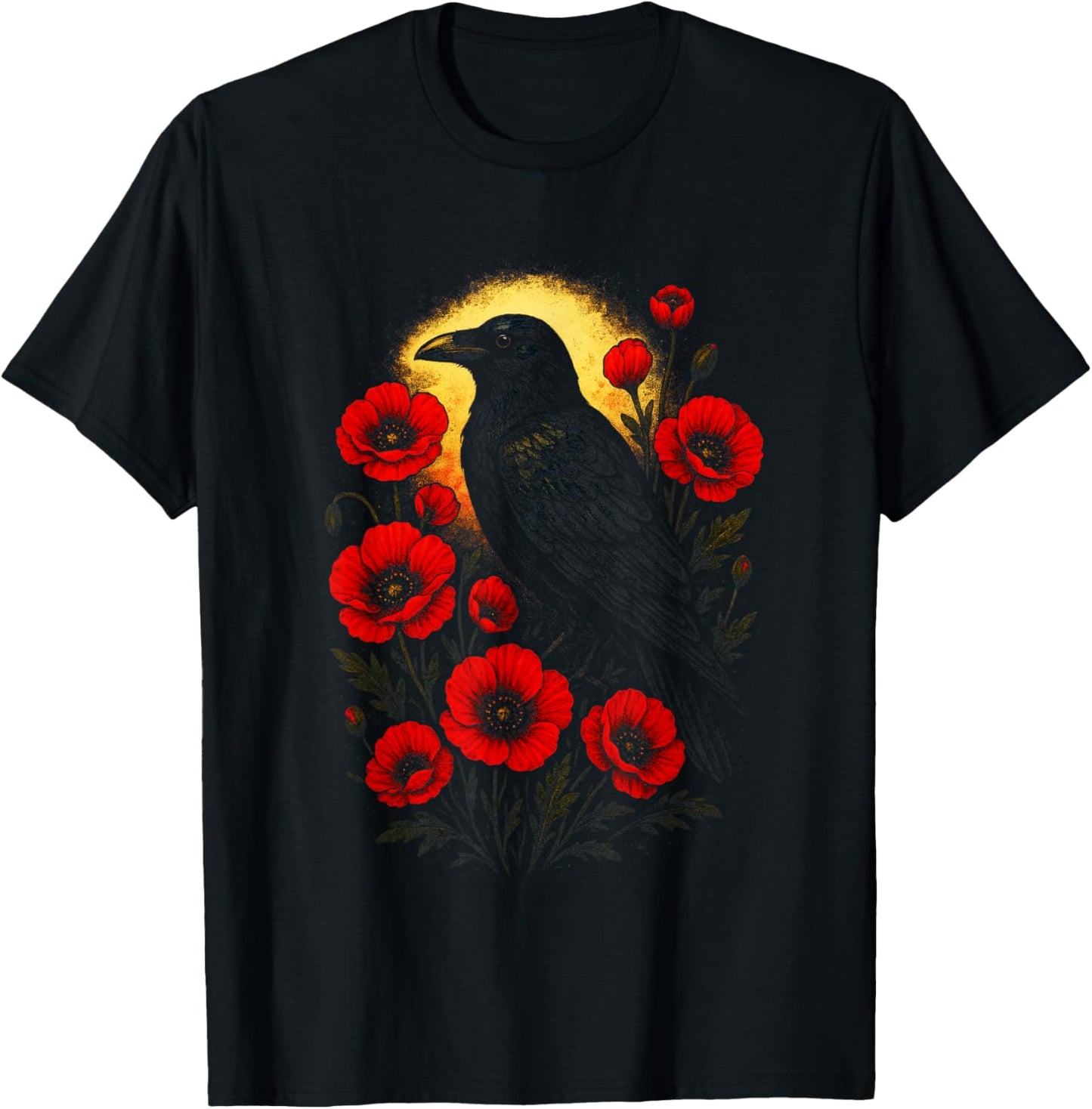 Gothic Raven and Roses - Vintage Enchanted Art T-Shirt - T-Shirt | Black
