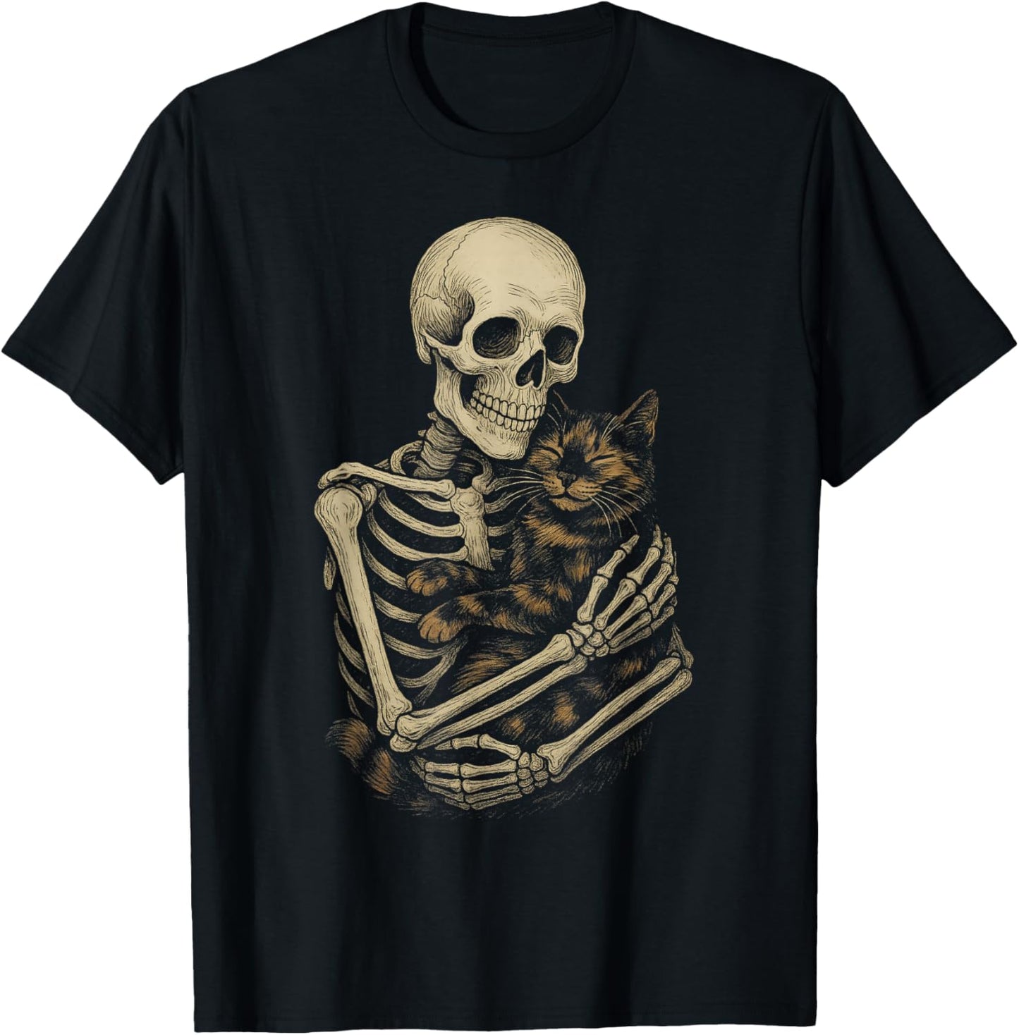 Skeleton Hugging Tortoiseshell Cat Funny Halloween T-Shirt - T-Shirt | Black