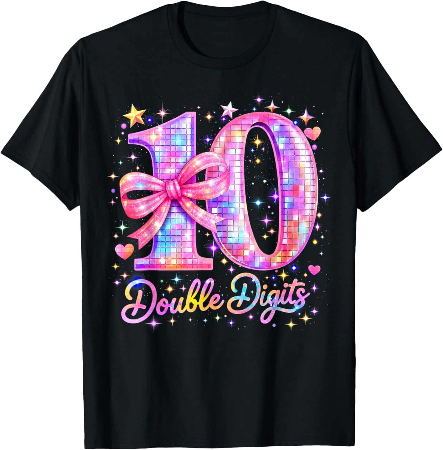 10th Birthday Girl Pink Coquette Bow 10 Year Old Disco Ball T-Shirt - T-Shirt | Black