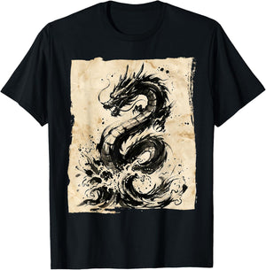Vintage Japanese Ink Wash Dragon Art T-Shirt - T-Shirt | Black