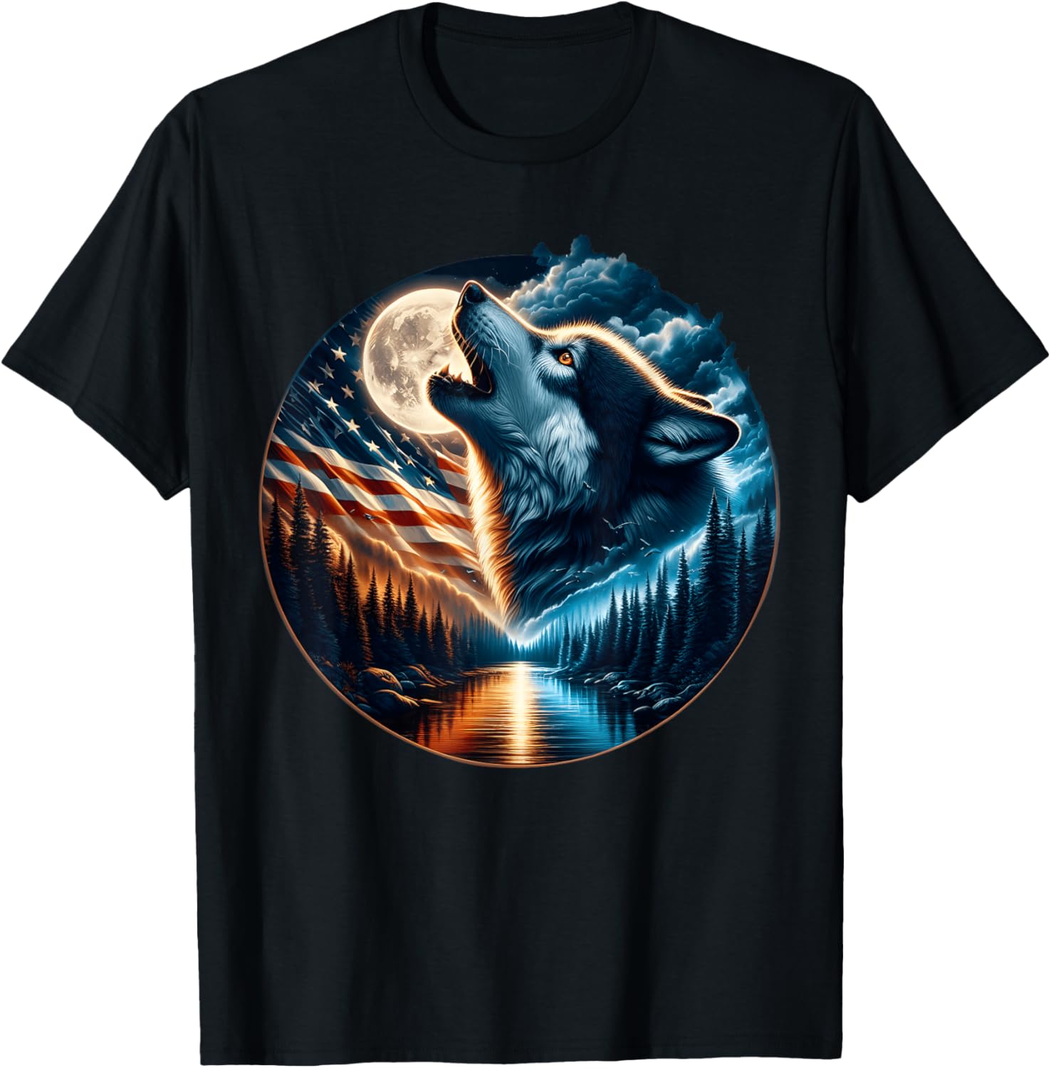 Wolf Howling Moon Wolves 4th of July American Flag Wildlife T-Shirt - T-Shirt | Black