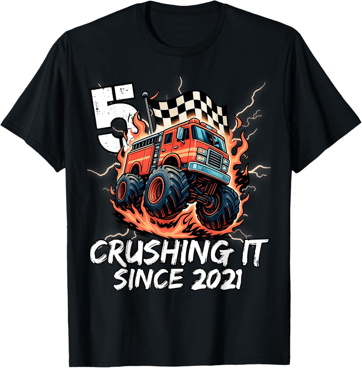 Birthday Firefighter 5 Year Old Boy 5th Bday Party Born 2021 T-Shirt - T-Shirt | Black