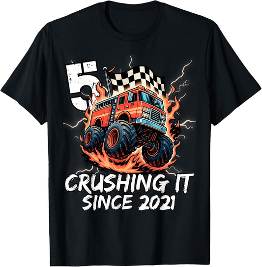 Birthday Firefighter 5 Year Old Boy 5th Bday Party Born 2021 T-Shirt - T-Shirt | Black