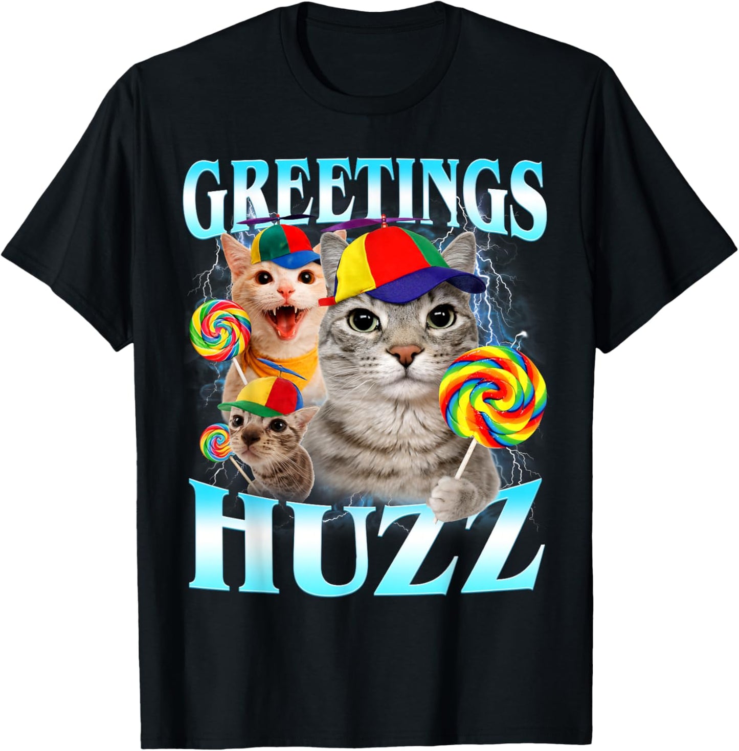 Greetings Huzz Funny Silly Cats Meme T-Shirt - T-Shirt | Black
