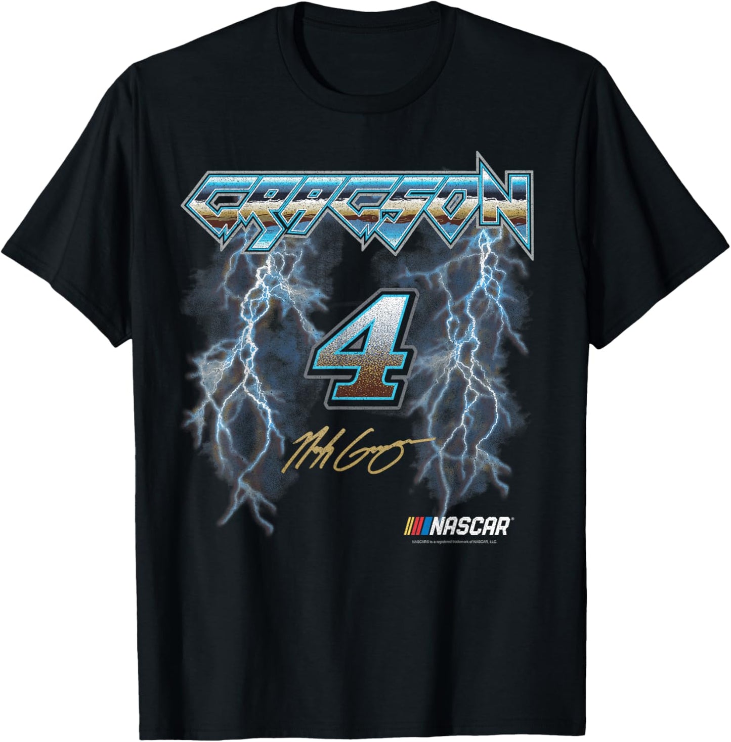 NASCAR Noah Gragson No. 4 Lightning Metalic Neon Blue Text T-Shirt - T-Shirt | Black