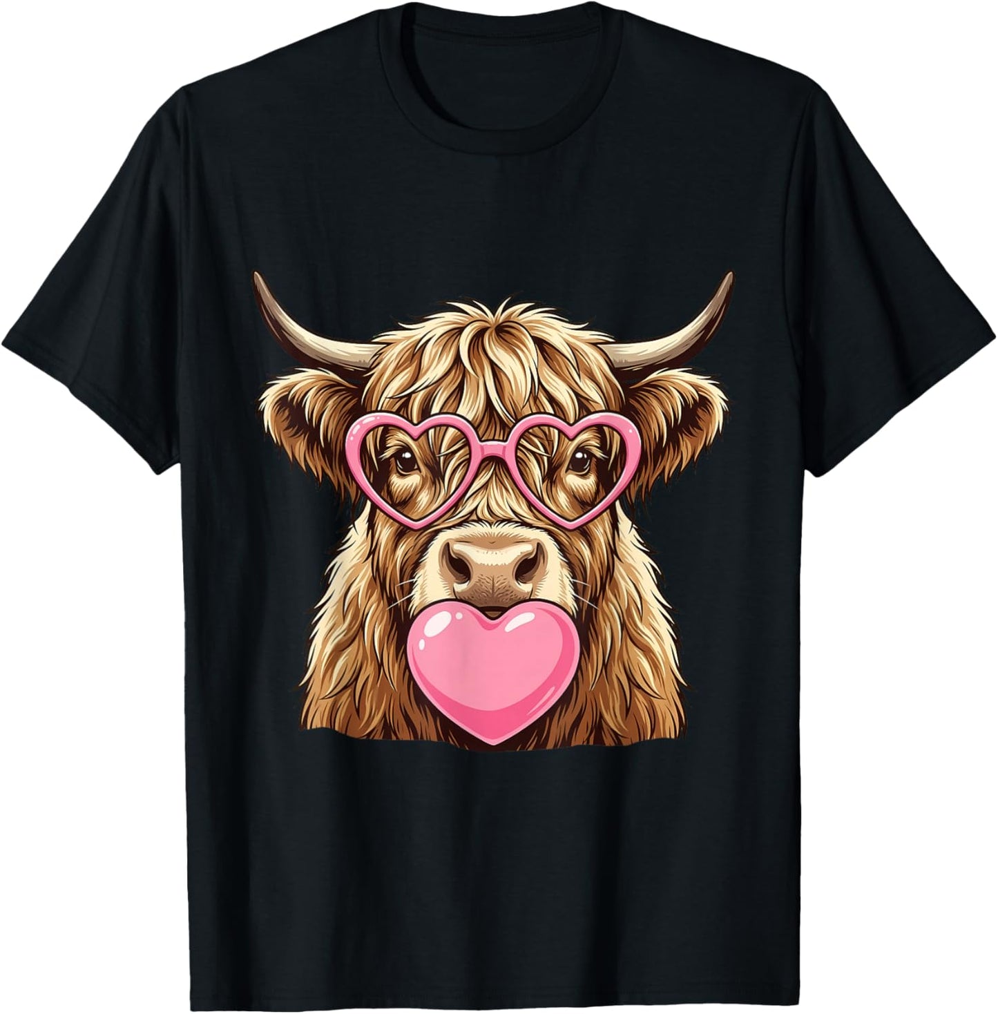 Cute Highland Cow Blowing Pink Valentine Heart Bubble Gum T-Shirt - T-Shirt | Black