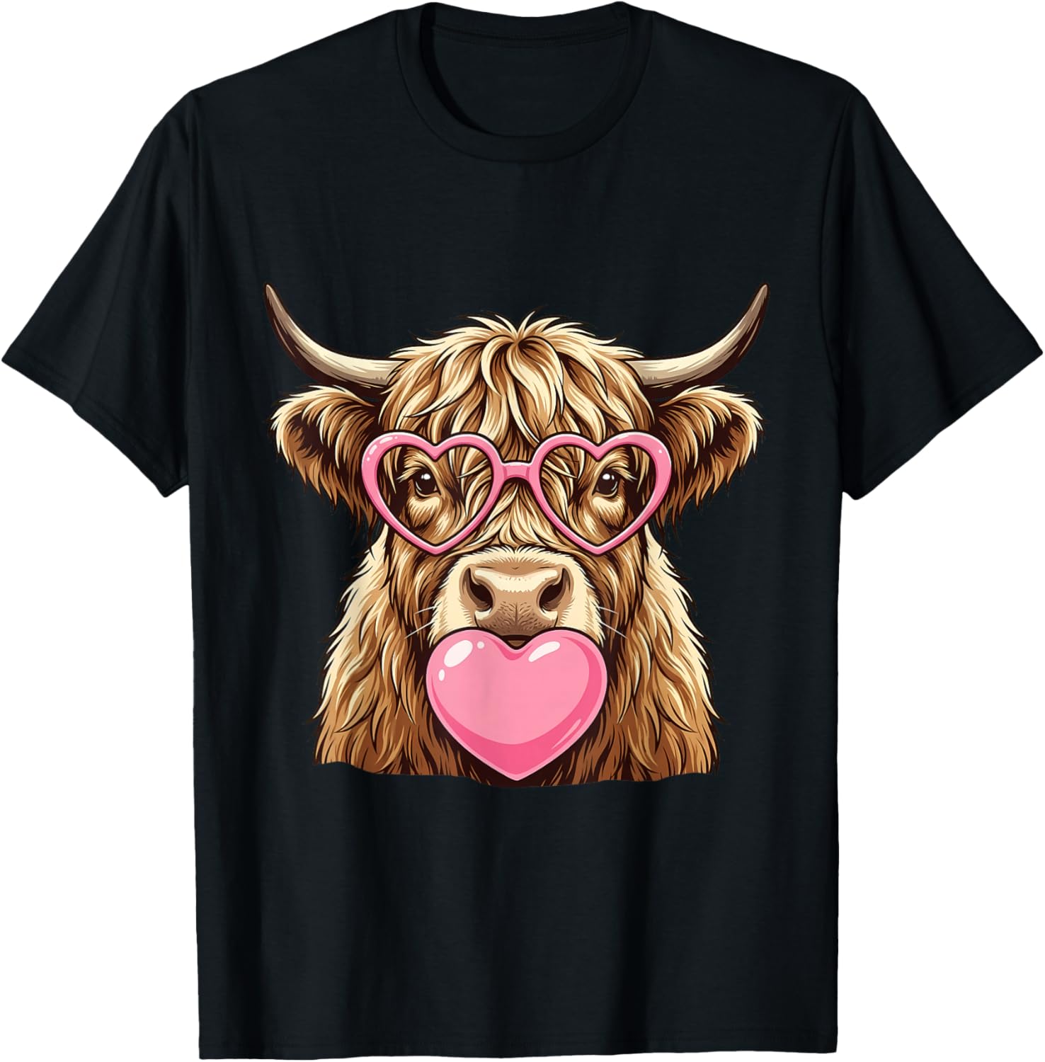 Cute Highland Cow Blowing Pink Valentine Heart Bubble Gum T-Shirt - T-Shirt | Black