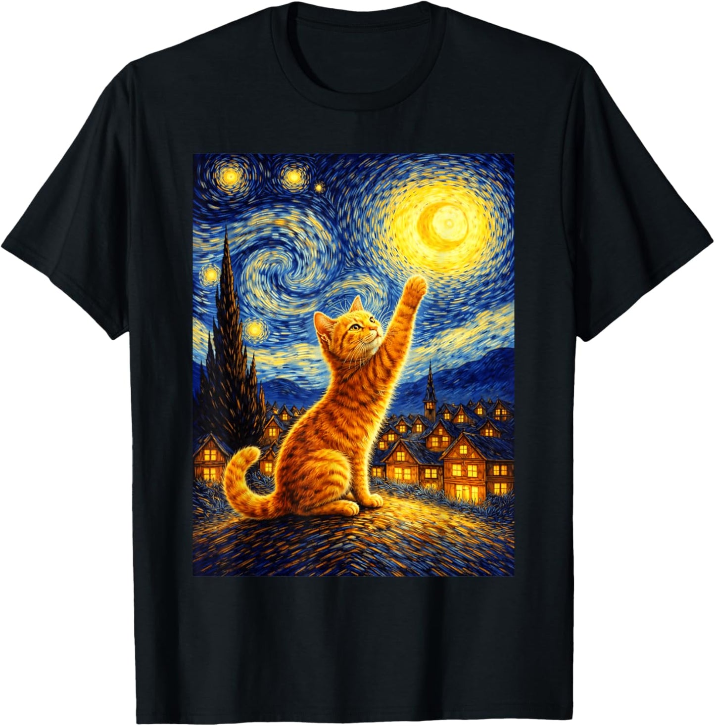 Cat Style Starry Night Art Funny Graphic T-Shirt - T-Shirt | Black