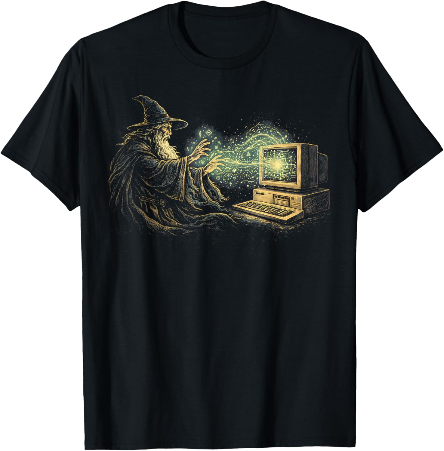 Computer Wizard Retro Fantasy Information Technology IT Guy T-Shirt - T-Shirt | Black