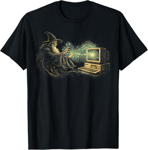 Computer Wizard Retro Fantasy Information Technology IT Guy T-Shirt - T-Shirt | Black
