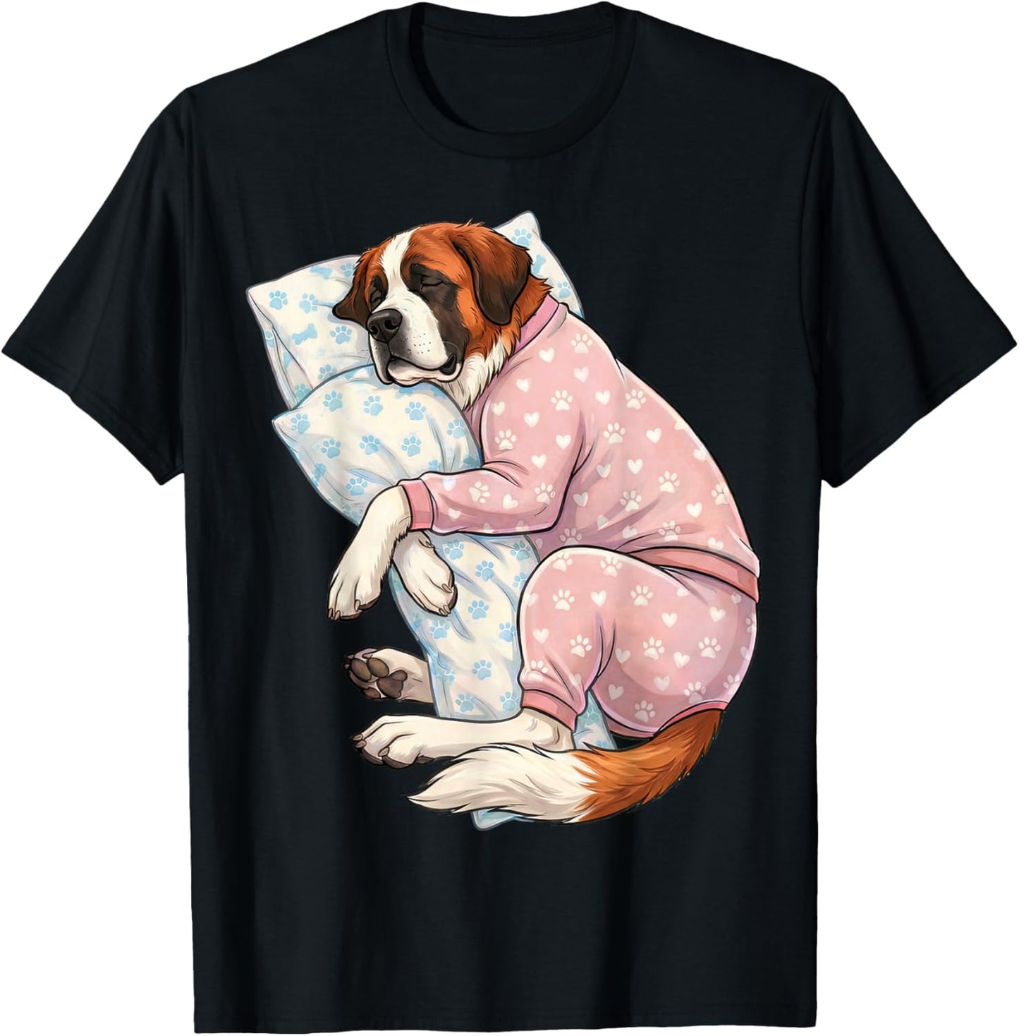 Cute Saint Bernard Dog Sleeping in Pajamas Bedtime Art T-Shirt - T-Shirt | Black