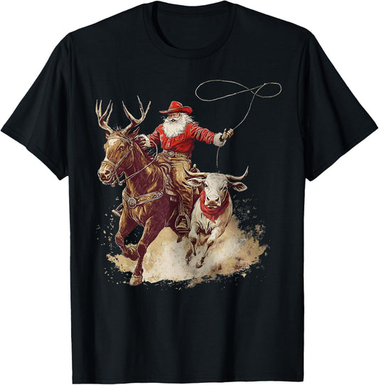Merry Christmas Xmas Santa Cowboy Western Pajamas Holiday T-Shirt - T-Shirt | Black