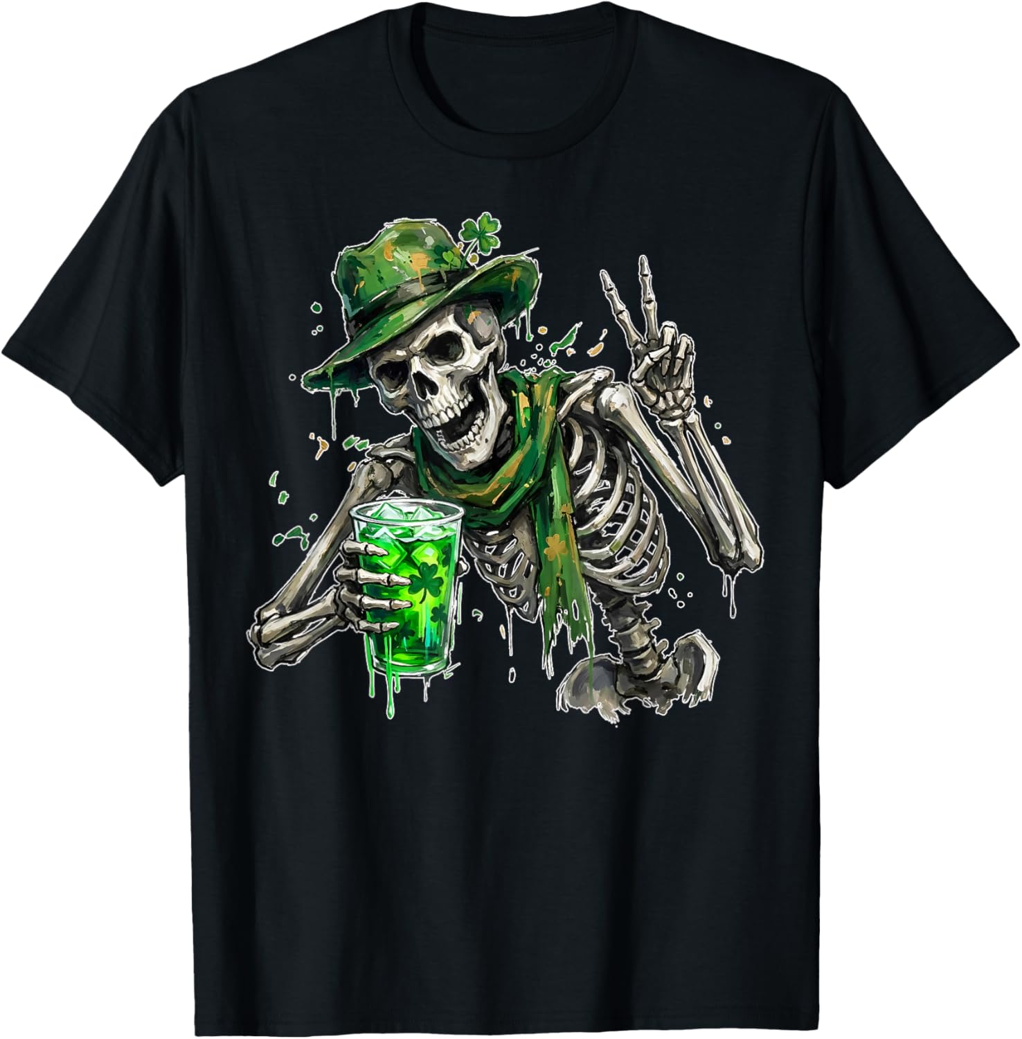 Skeleton Skull Drinking Beer Dead Inside St. Patrick's Day T-Shirt - T-Shirt | Black