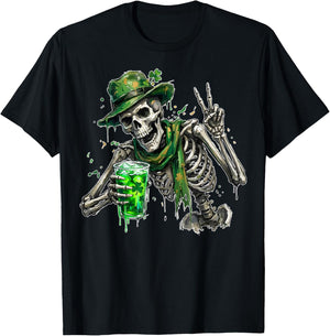 Skeleton Skull Drinking Beer Dead Inside St. Patrick's Day T-Shirt - T-Shirt | Black