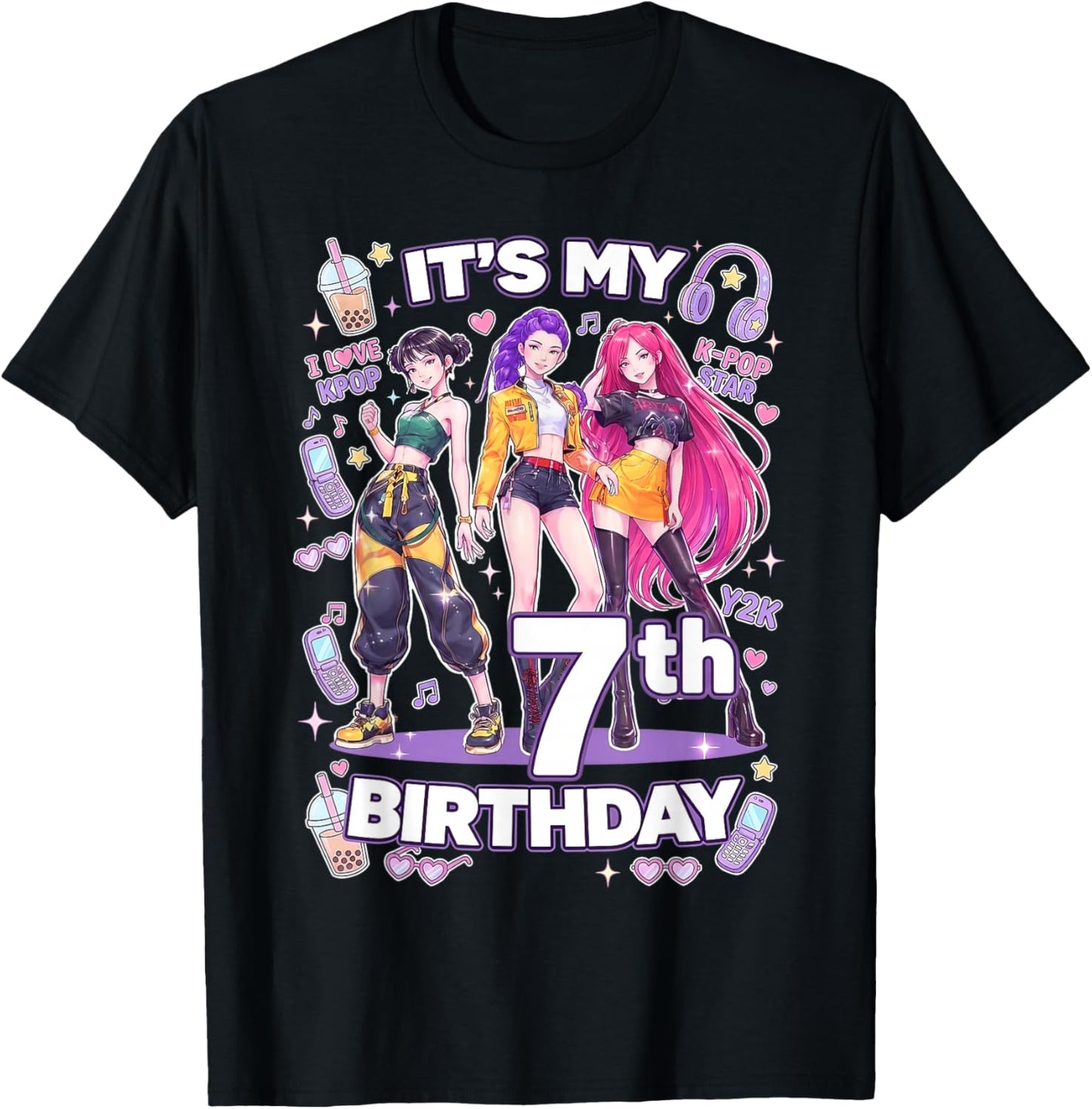 7th Birthday 7 Year Old Girl Korean Pop Kpop Bday Party T-Shirt - T-Shirt | Black