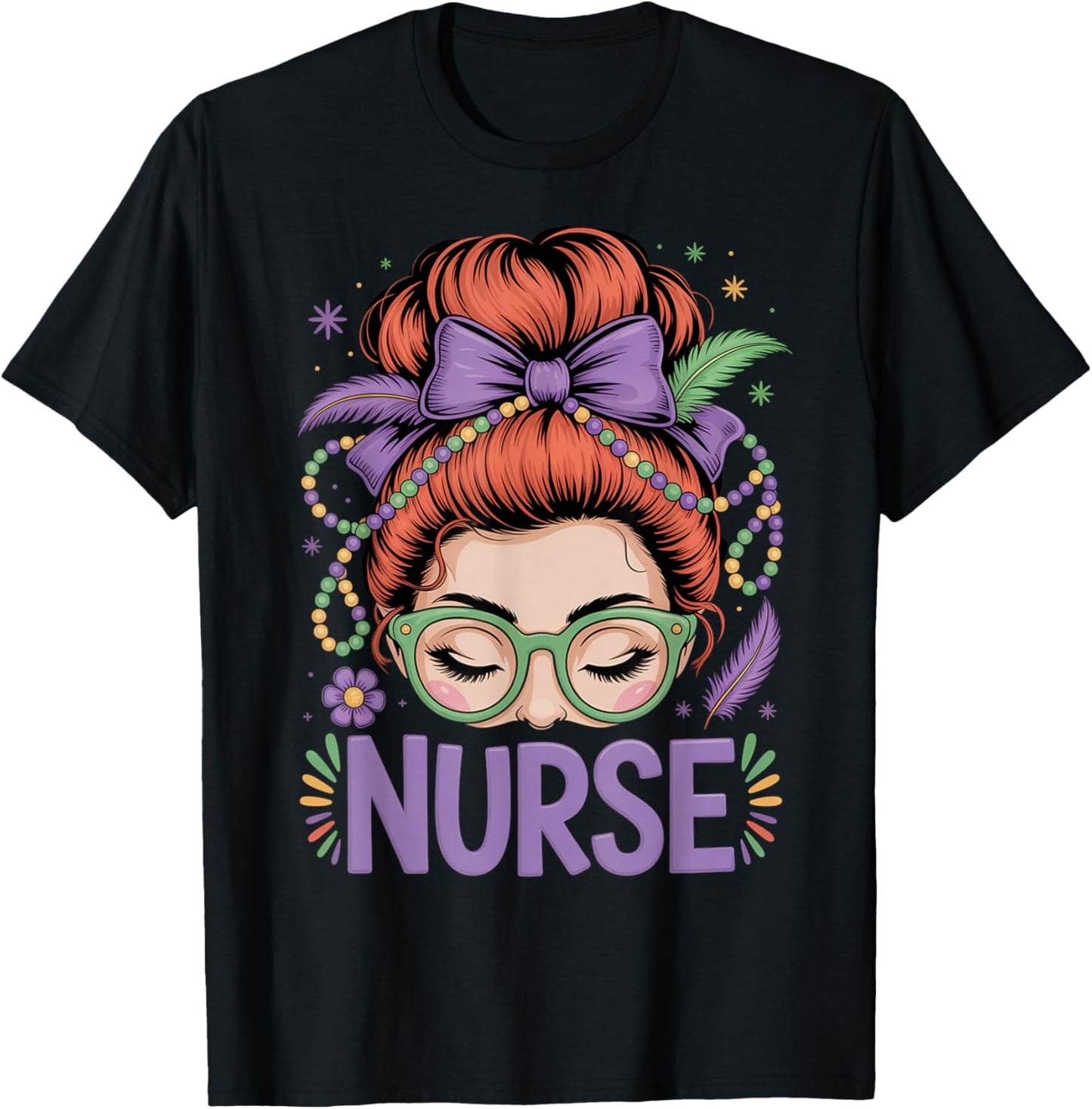 Redhead Nurse Mardi Gras Nursing Student RN LPN CNA HHA NP T-Shirt - T-Shirt | Black