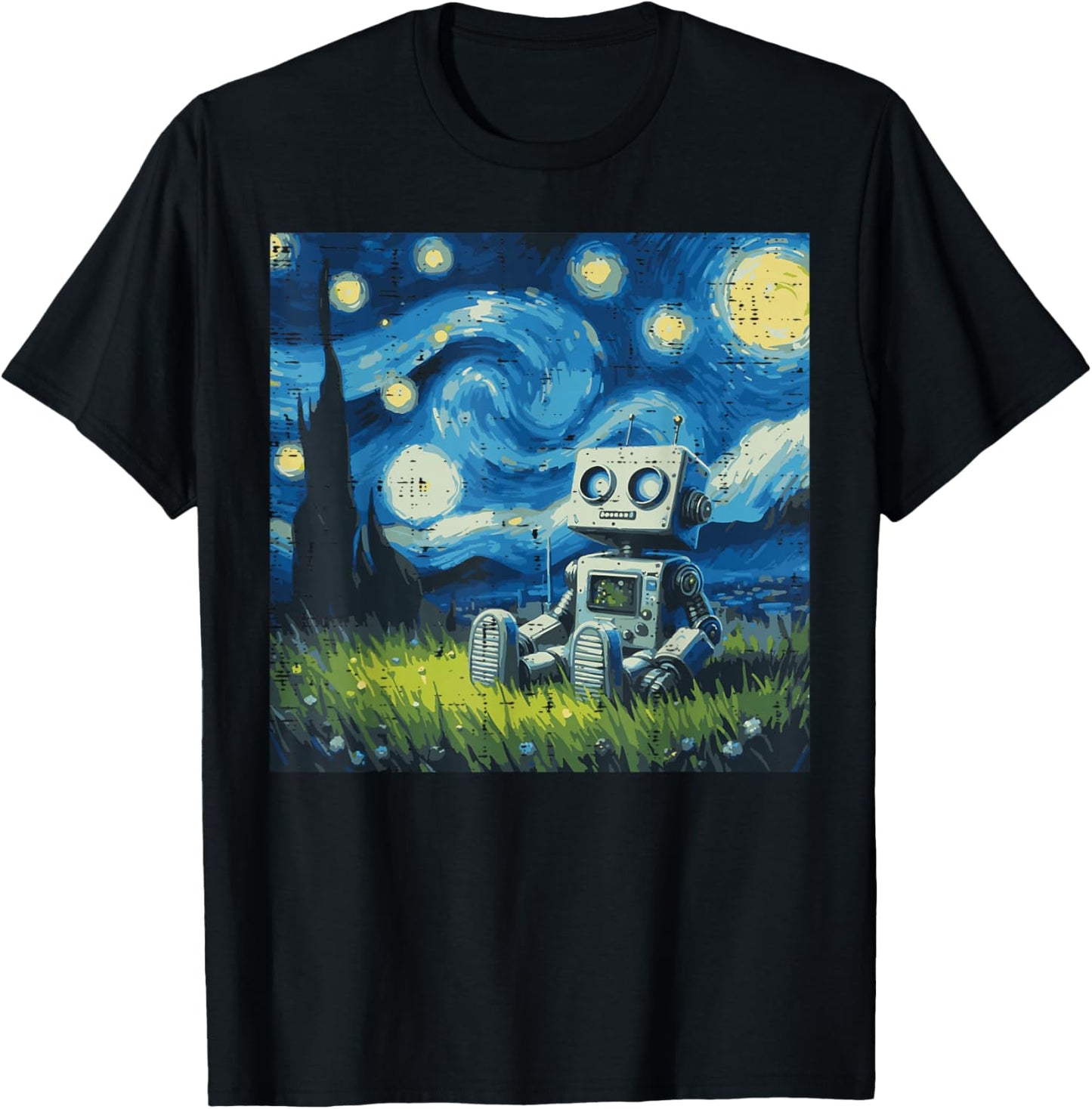 Starry Night Robot Funny Painting Art Meme Kids Men Women T-Shirt - T-Shirt | Black